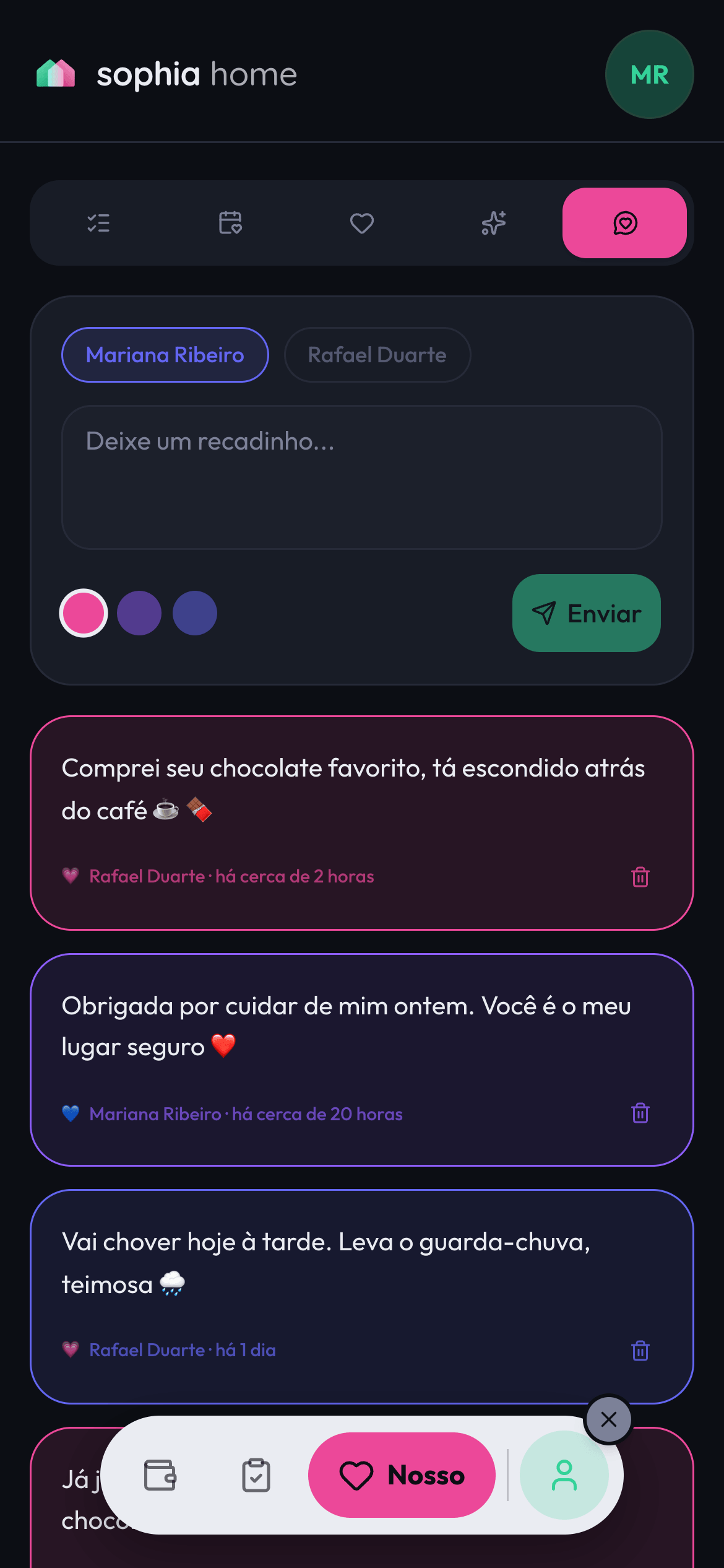 Recadinhos de amor trocados pelo casal no espaço Nosso