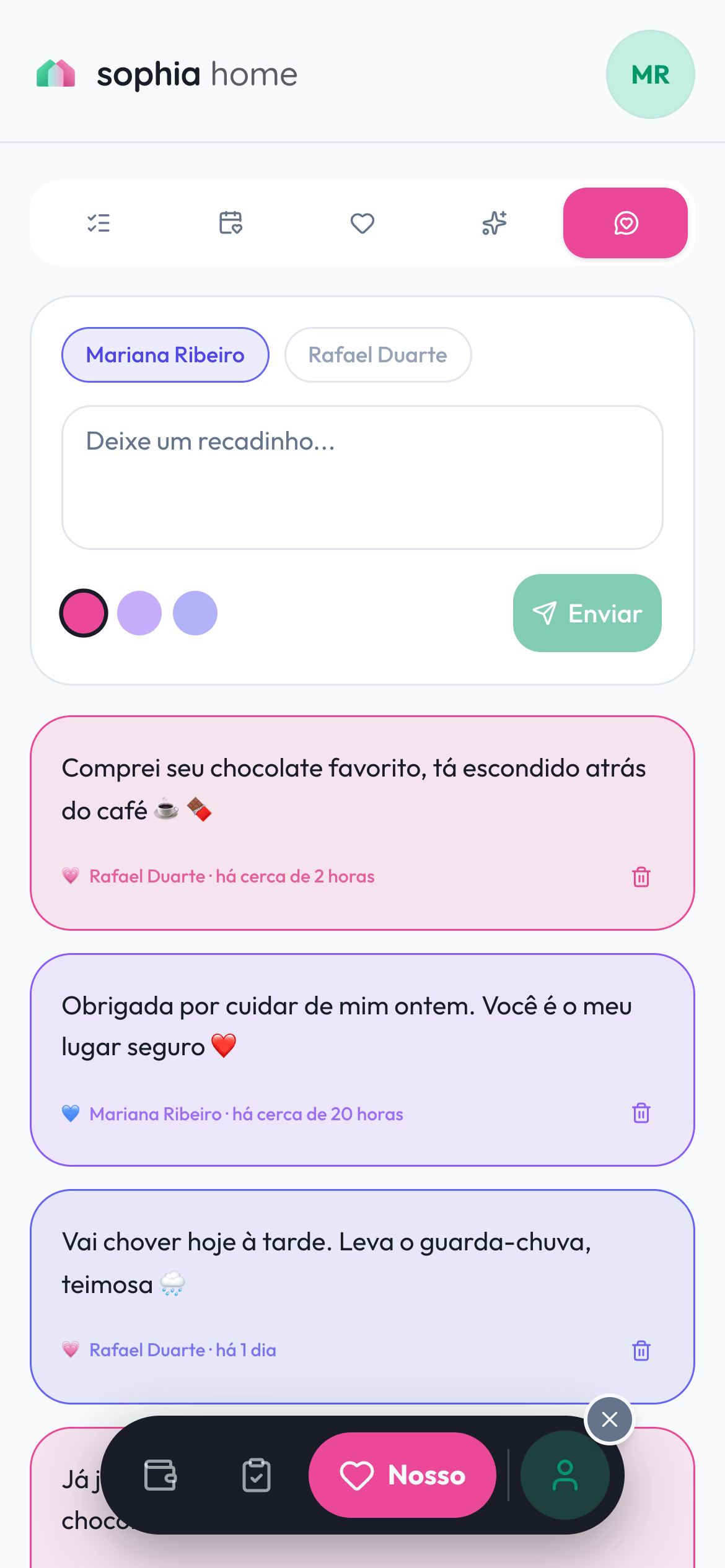 Recadinhos de amor trocados pelo casal no espaço Nosso